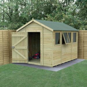 10′ x 8′ Forest Timberdale 25yr Guarantee Tongue & Groove Pressure Treated Apex Shed – 4 Windows (3.06m x 2.52m)