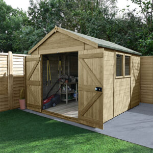 10′ x 8′ Forest Timberdale 25yr Guarantee Tongue & Groove Pressure Treated Double Door Apex Shed (3.06m x 2.52m)