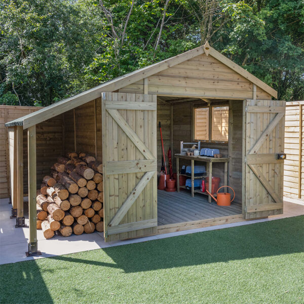 10' x 8' Forest Timberdale 25yr Guarantee Tongue & Groove Pressure Treated Double Door Apex Shed with Logstore (3.07m x 2.36m)