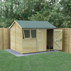 10′ x 8′ Forest Timberdale 25yr Guarantee Tongue & Groove Pressure Treated Double Door Reverse Apex Shed (3.06m x 2.52m)