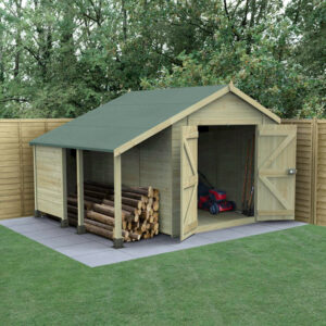 10′ x 8′ Forest Timberdale 25yr Guarantee Tongue & Groove Pressure Treated Windowless Double Door Apex Shed with Logstore (3.07m x 2.36m)
