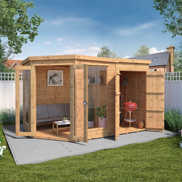 11' x 7' Mercia Corner Shiplap Wooden Garden Summer House with Side Shed (3.2m x 2.1m)
