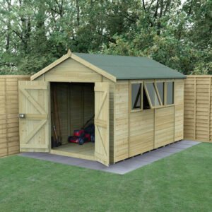 12′ x 8′ Forest Timberdale 25yr Guarantee Tongue & Groove Pressure Treated Double Door Apex Shed – 4 Windows (3.65m x 2.52m)