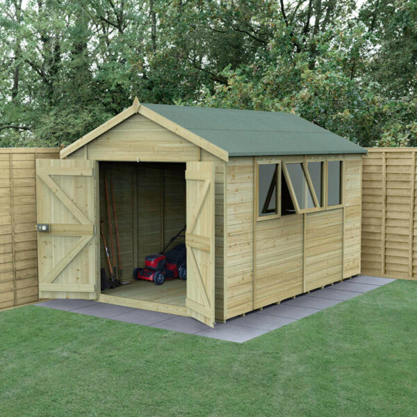 12' x 8' Forest Timberdale 25yr Guarantee Tongue & Groove Pressure Treated Double Door Apex Shed - 4 Windows (3.65m x 2.52m)