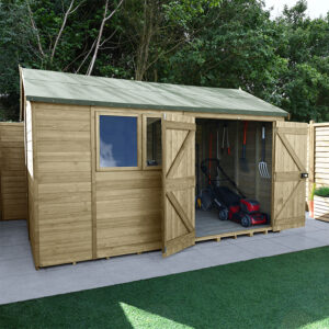 12′ x 8′ Forest Timberdale 25yr Guarantee Tongue & Groove Pressure Treated Double Door Reverse Apex Shed (3.65m x 2.52m)