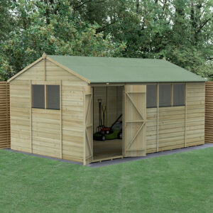 15′ x 10′ Forest Beckwood 25yr Guarantee Shiplap Pressure Treated Double Door Reverse Apex Wooden Shed (4.48m x 3.21m)