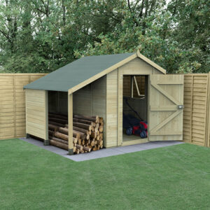 8′ x 6′ Forest Timberdale 25yr Guarantee Tongue & Groove Pressure Treated Apex Shed with Logstore (2.5m x 1.83m)