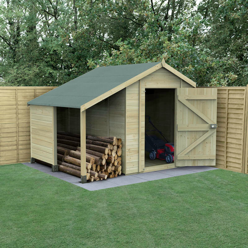 8' x 6' Forest Timberdale 25yr Guarantee Tongue & Groove Pressure Treated Windowless Apex Shed with Logstore (2.5m x 1.83m)