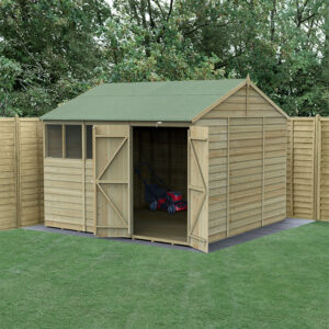 10′ x 10′ Forest 4Life 25yr Guarantee Overlap Pressure Treated Double Door Reverse Apex Wooden Shed – 4 Windows (3.21m x 3.01m)