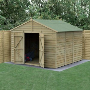 10′ x 10′ Forest 4Life 25yr Guarantee Overlap Pressure Treated Windowless Double Door Apex Wooden Shed (3.21m x 3.01m)