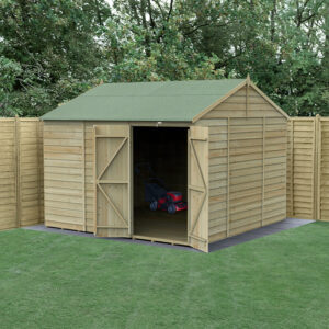 10′ x 10′ Forest 4Life 25yr Guarantee Overlap Pressure Treated Windowless Double Door Reverse Apex Wooden Shed (3.21m x 3.01m)