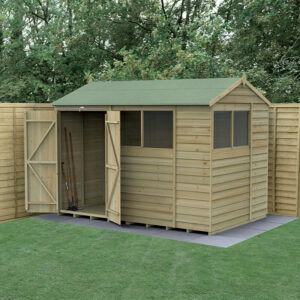10′ x 6′ Forest 4Life 25yr Guarantee Overlap Pressure Treated Double Door Reverse Apex Wooden Shed – 4 Windows (3.01m x 1.99m)
