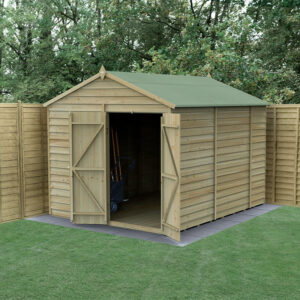 10′ x 8′ Forest 4Life 25yr Guarantee Overlap Pressure Treated Windowless Double Door Apex Wooden Shed (3.01m x 2.61m)