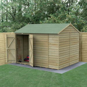 10′ x 8′ Forest 4Life 25yr Guarantee Overlap Pressure Treated Windowless Double Door Reverse Apex Wooden Shed (3.01m x 2.61m)