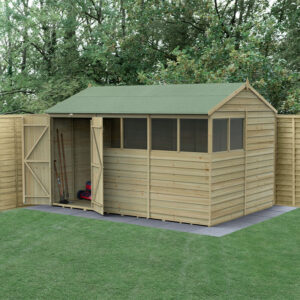 12′ x 8′ Forest 4Life 25yr Guarantee Overlap Pressure Treated Double Door Reverse Apex Wooden Shed – 6 Windows (3.6m x 2.61m)
