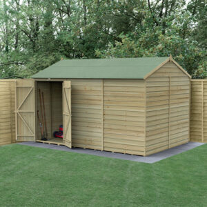 12′ x 8′ Forest 4Life 25yr Guarantee Overlap Pressure Treated Windowless Double Door Reverse Apex Wooden Shed (3.6m x 2.61m)