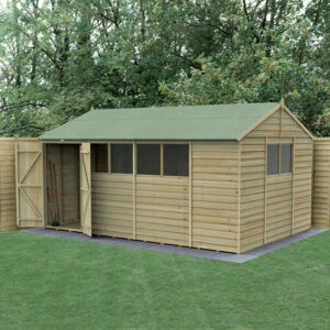 15′ x 10′ Forest 4Life 25yr Guarantee Overlap Pressure Treated Double Door Apex Wooden Shed – 6 Windows (4.48m x 3.21m)