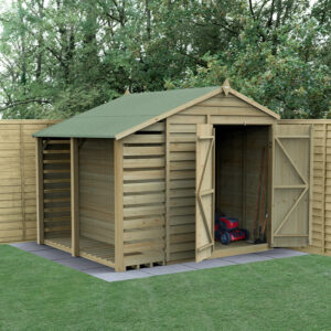 8′ x 6′ Forest 4Life 25yr Guarantee Overlap Pressure Treated Windowless Double Door Apex Wooden Shed with Lean To (2.42m x 2.65m)