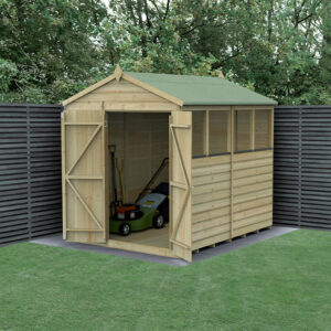 8′ x 6′ Forest Beckwood 25yr Guarantee Shiplap Pressure Treated Double Door Apex Wooden Shed – 4 Windows (2.42m x 1.99m)