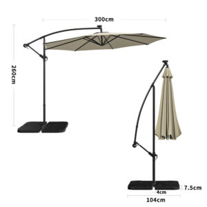 Beige 3m Iron Banana Umbrella Cantilever Garden Parasols with LED Lights