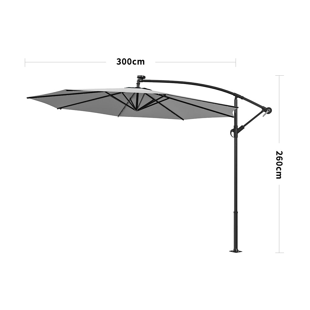 Light Grey 3m Iron Banana Umbrella Cantilever Garden Parasols with LED Lights