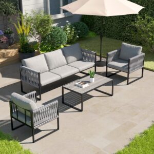 4 Piece Outdoor Garden Sofa Set with Rope Detailing and Sturdy Metal Frame