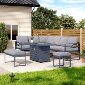 5 Piece Metal Sectional Garden Furniture Set Outdoor Corner Sofa with Cushions and Heated Table