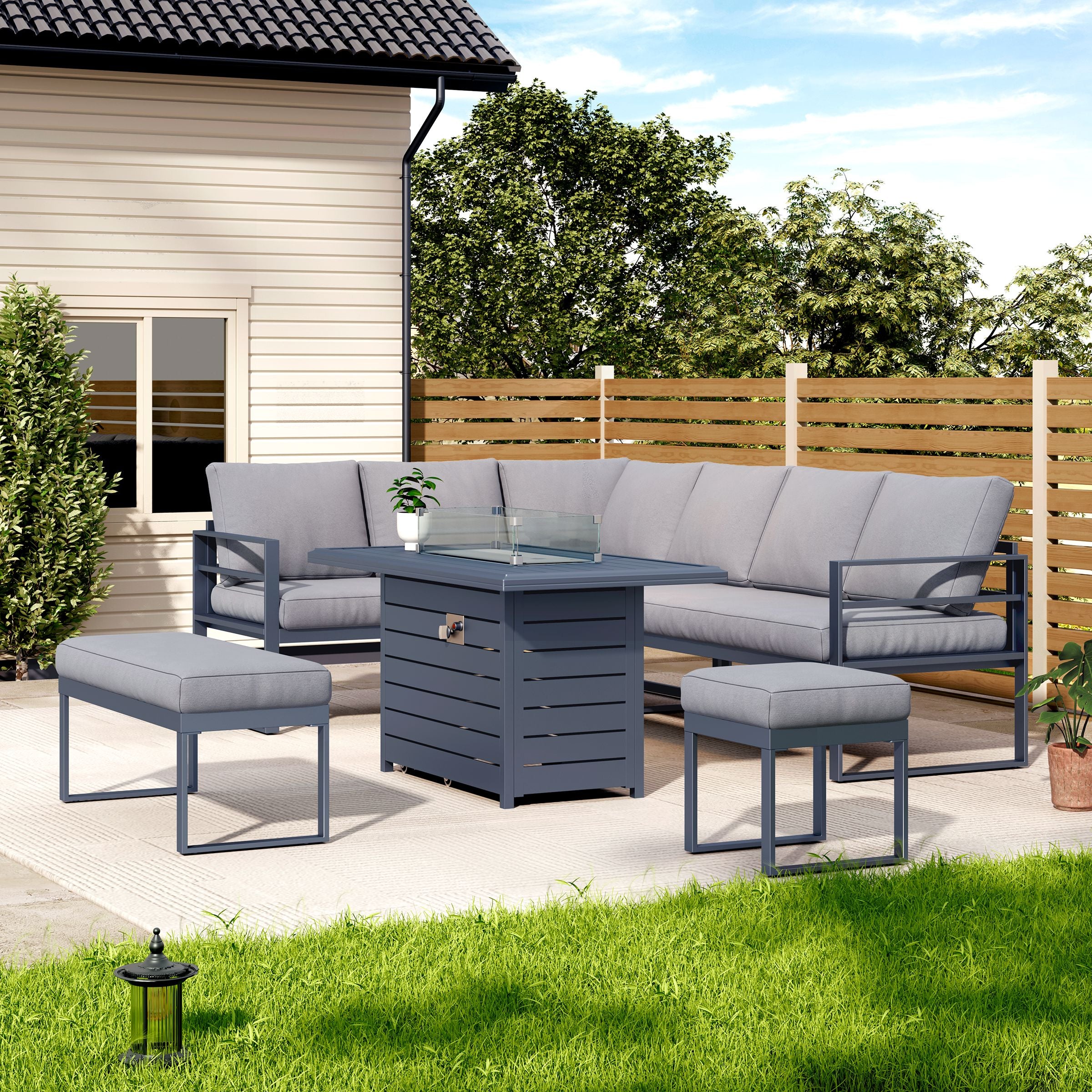 5 Piece Metal Sectional Garden Furniture Set Outdoor Corner Sofa with Cushions and Heated Table