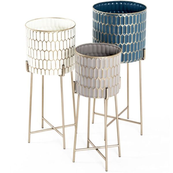 Merksem Metal Set Of 3 Planter In Turquoise Cream And Taupe
