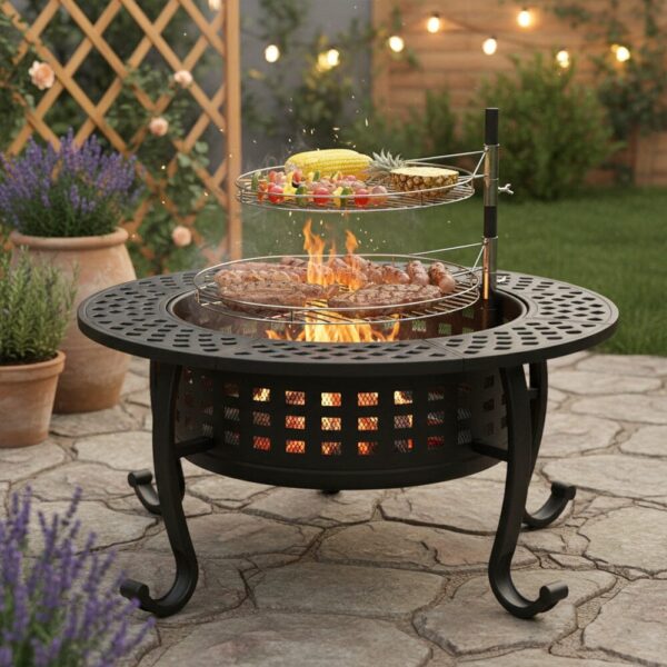 Large Round Fire Pit & BBQ Grill | 93cm Diameter Outdoor Fire Bowl for Garden & Camping