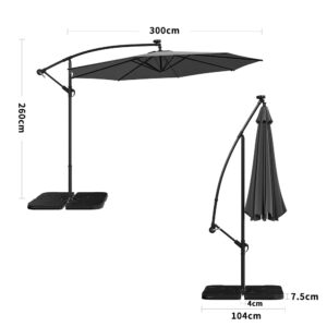 3M Cantilever Garden Parasols Dark Grey Iron Banana Umbrella with LED Lights